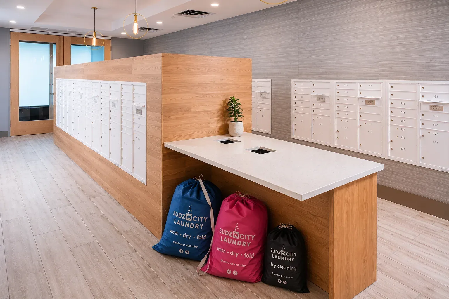 Sudz City laundry bag in a modern apartment package room