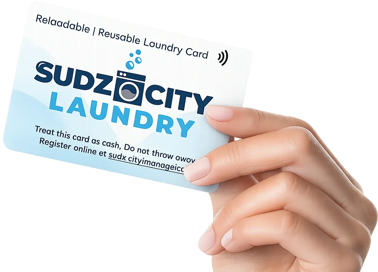 Hand holding the Sudz City reloadable laundry card
