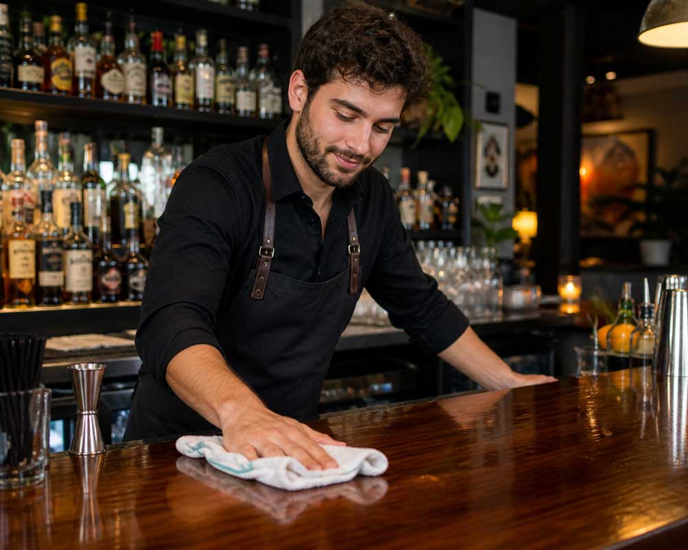 Bartender wiping down bar