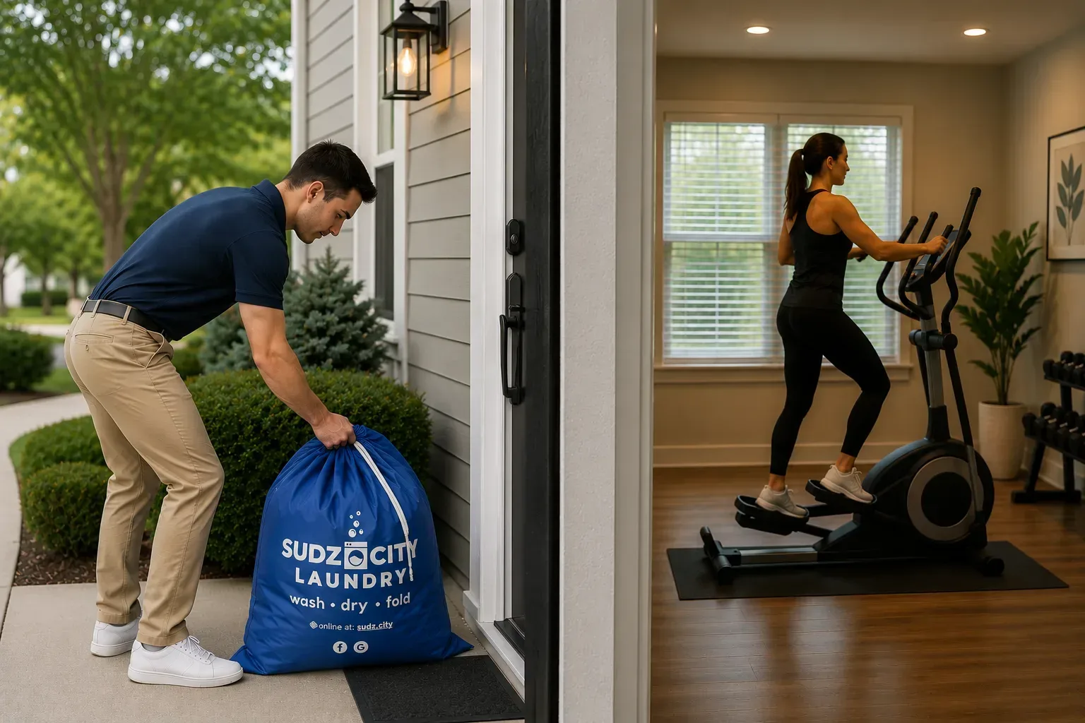 Customer leaving Sudz City laundry bag at the door while another exercises inside